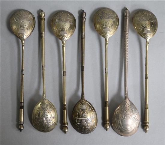 A set of six early 20th century Russian 84 zolotnik silver gilt tea spoons and one other Russian spoon, 4.8 oz.